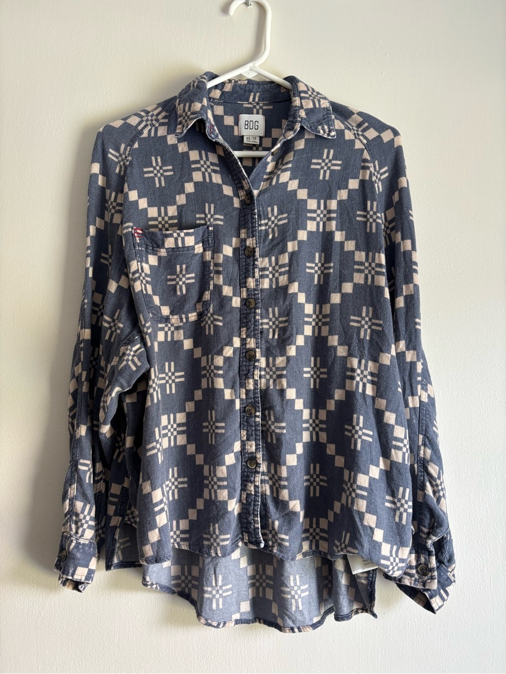 Urban Outfitters Navy and Cream Geometric Button-Down Shirt